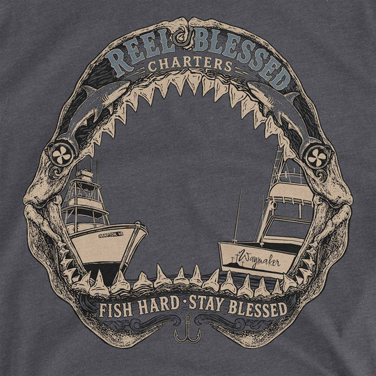 Heather Heavy Metal t-shirt with shark jaws framing two sportfishing boats: Reel Blessed Charters, Fish Hard, Stay Blessed