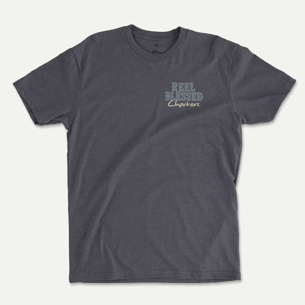 Heather Heavy Metal t-shirt front with a small Reel Blessed Charters logo on the left chest