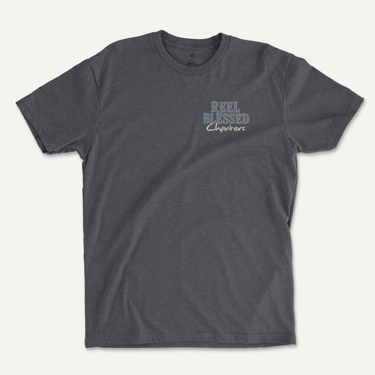 Heather Heavy Metal t-shirt front with a small Reel Blessed Charters logo on the left chest