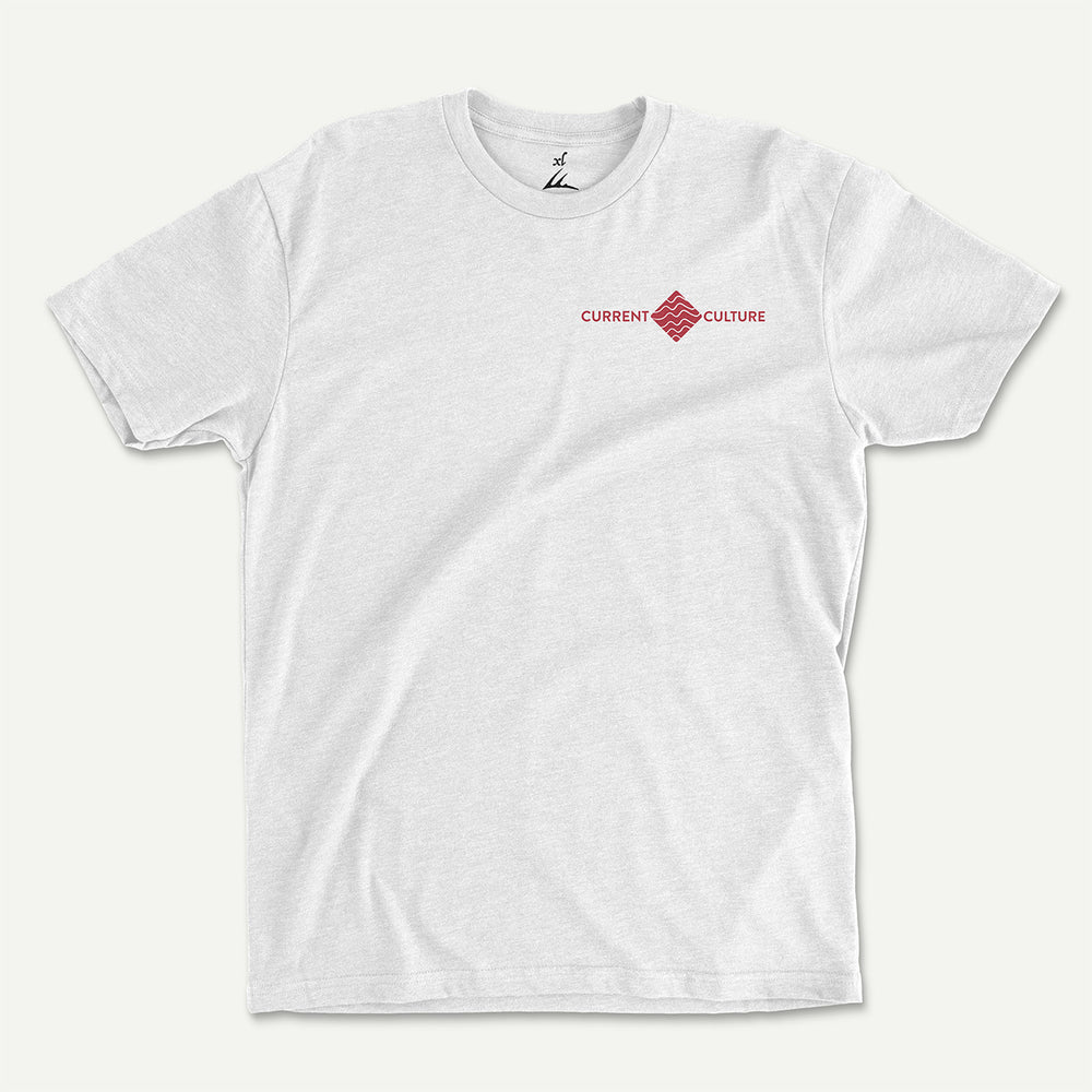 White t-shirt front with a small Current Culture logo on the left chest