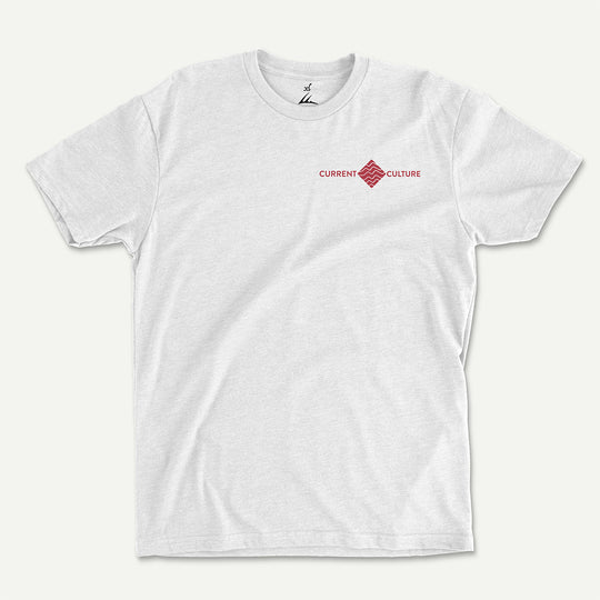 White t-shirt front with a small Current Culture logo on the left chest