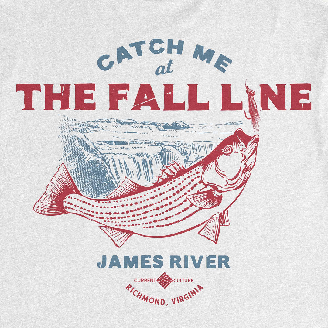 White t-shirt with a striped bass chasing a fly below the James River falls: Catch Me at the Fall Line, Richmond, Virginia