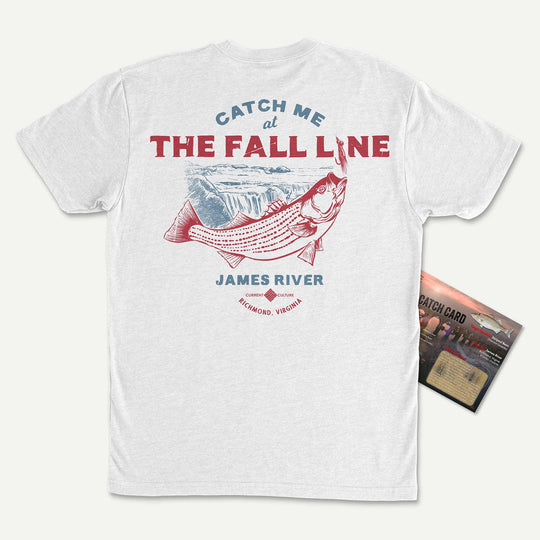 White t-shirt with a striped bass chasing a fly below the James River falls: Catch Me at the Fall Line, Richmond, Virginia, with its Catch Card