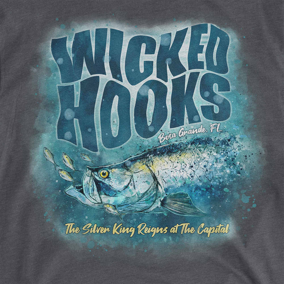 Charcoal t-shirt with a watercolor tarpon chasing baitfish: Wicked Hooks, Boca Grande, Florida