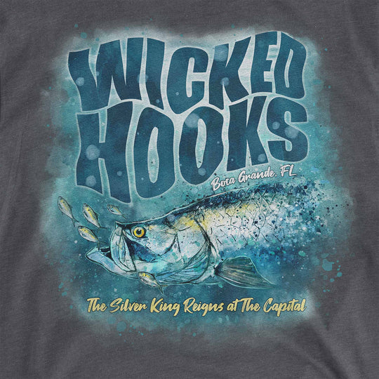 Charcoal t-shirt with a watercolor tarpon chasing baitfish: Wicked Hooks, Boca Grande, Florida