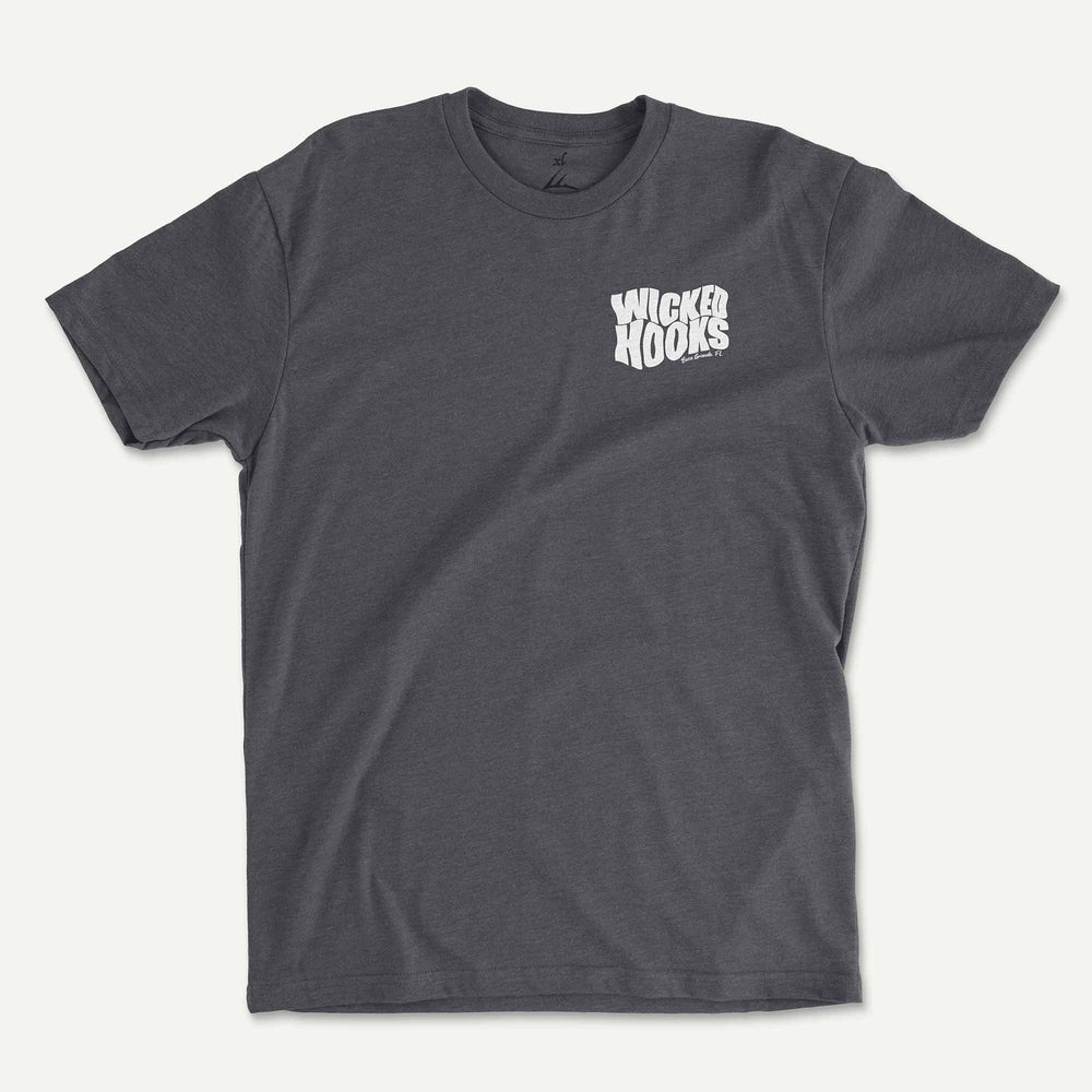 Charcoal t-shirt front with a small Wicked Hooks logo on the left chest