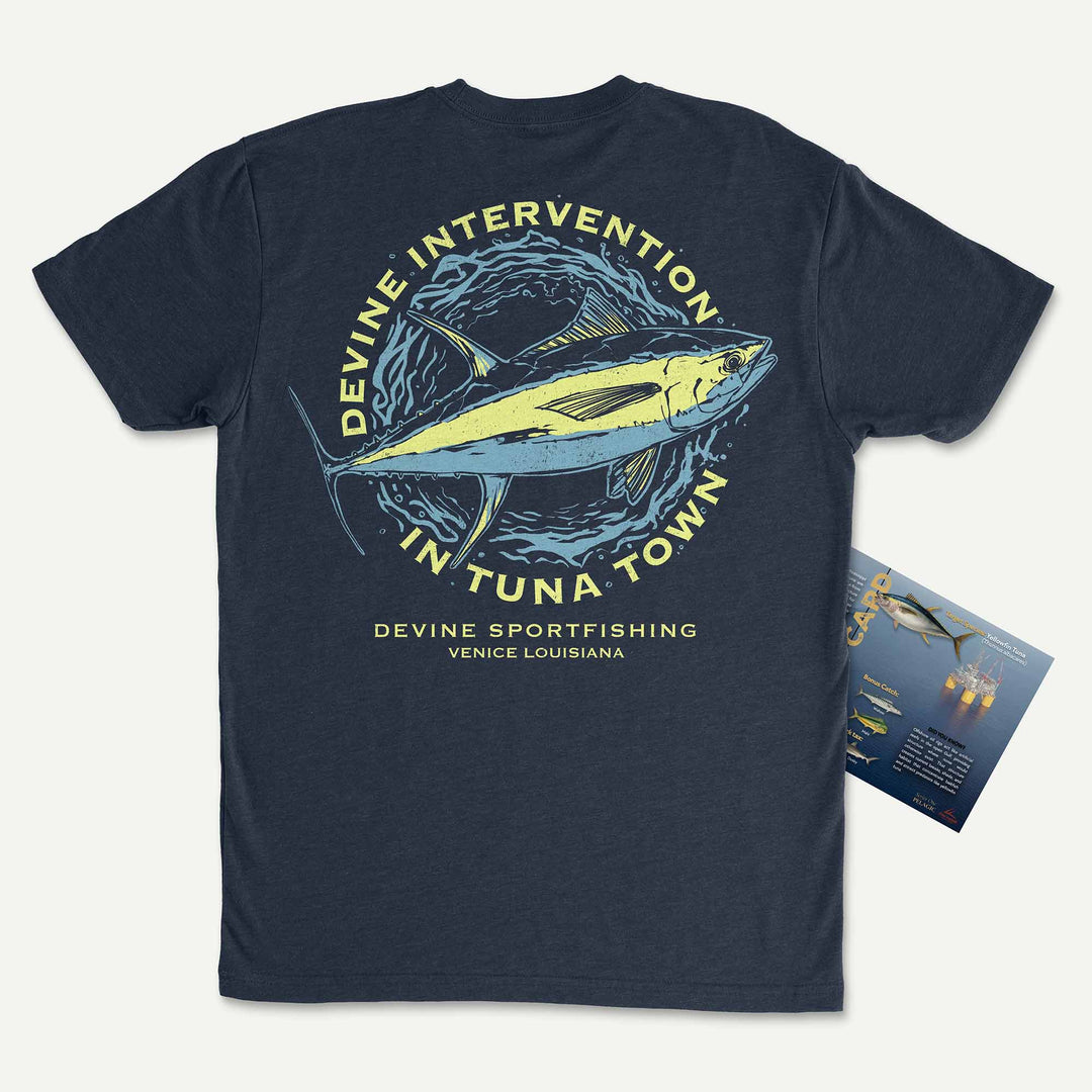 Midnight Navy t-shirt with a yellowfin tuna in a ring of waves: Devine Intervention in Tuna Town, Venice, Louisiana, with its Catch Card