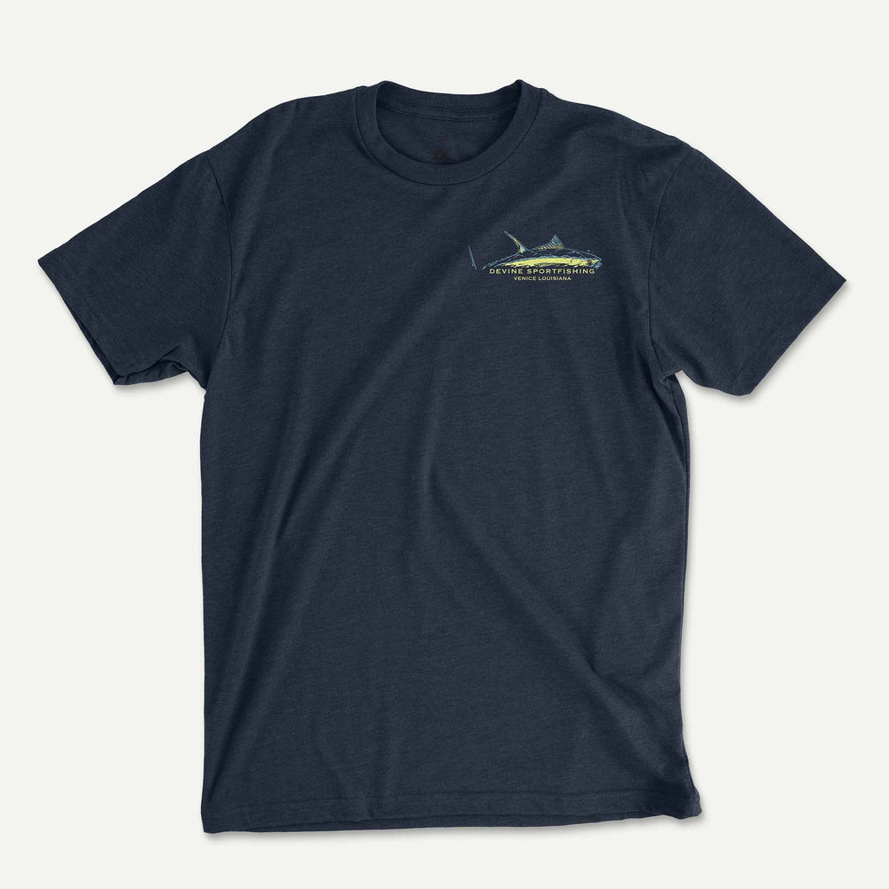 Midnight Navy t-shirt front with a small Devine Sportfishing logo on the left chest