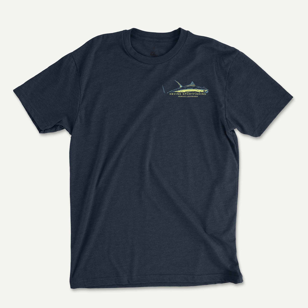 Midnight Navy t-shirt front with a small Devine Sportfishing logo on the left chest