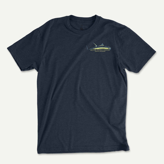 Midnight Navy t-shirt front with a small Devine Sportfishing logo on the left chest