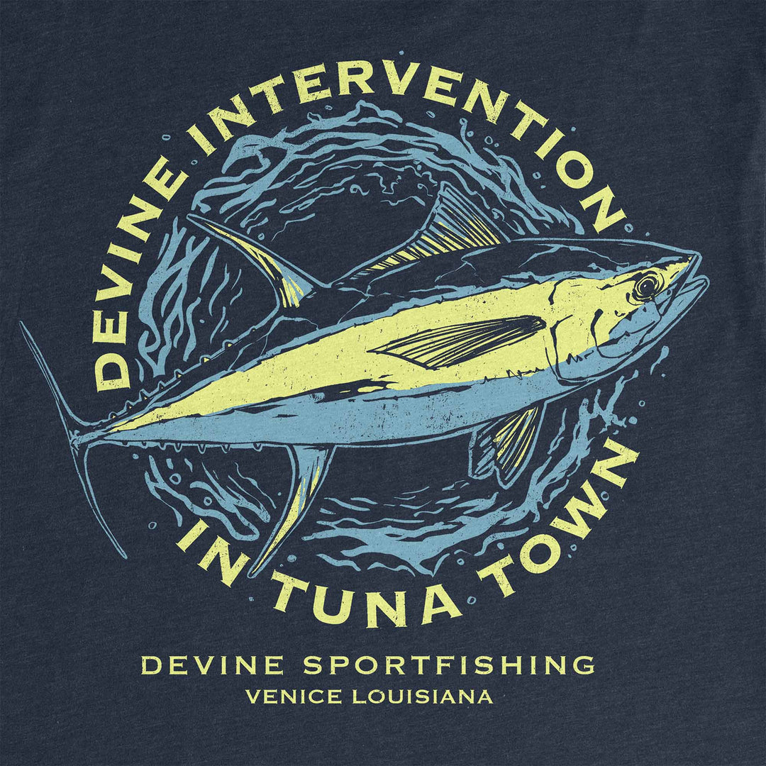 Midnight Navy t-shirt with a yellowfin tuna in a ring of waves: Devine Intervention in Tuna Town, Venice, Louisiana