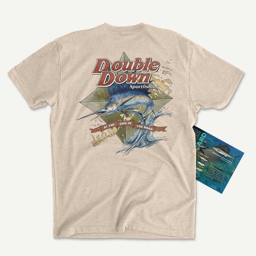 Heather Sand t-shirt with a sailfish leaping over a Florida Keys map: Double Down Sportfishing, At the End of the Road, with its Catch Card