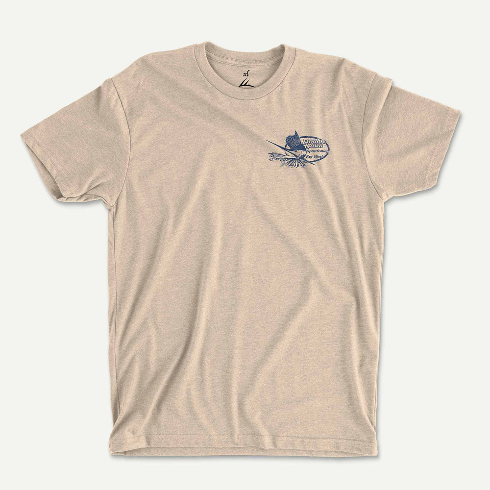 Heather Sand t-shirt front with a small Double Down Sportfishing logo on the left chest
