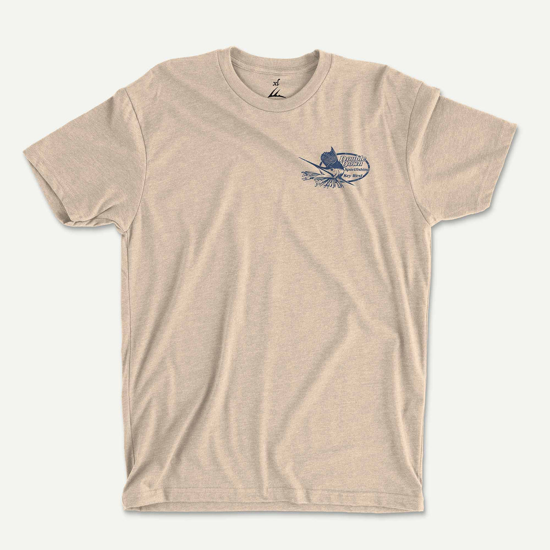 Heather Sand t-shirt front with a small Double Down Sportfishing logo on the left chest
