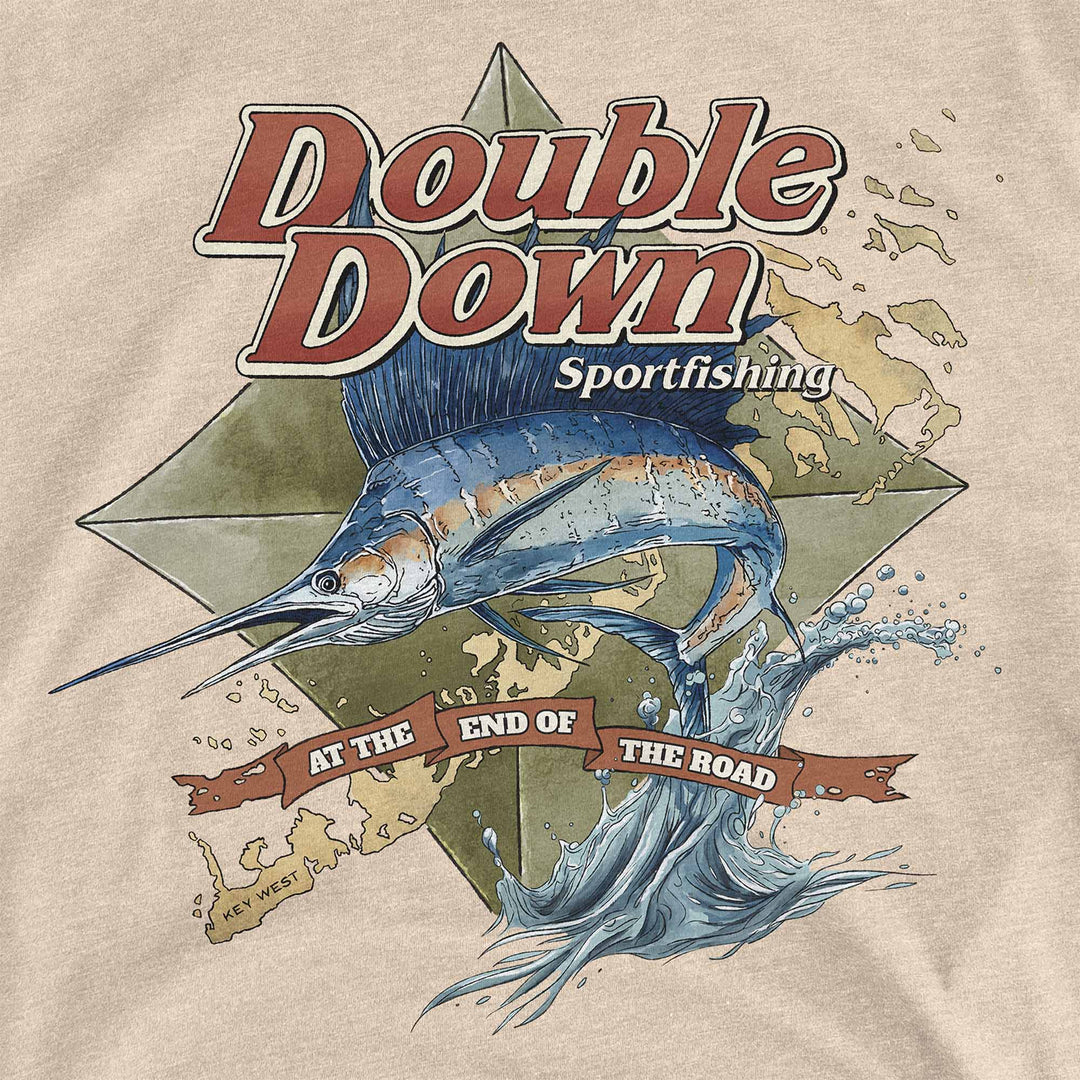 Heather Sand t-shirt with a sailfish leaping over a Florida Keys map: Double Down Sportfishing, At the End of the Road