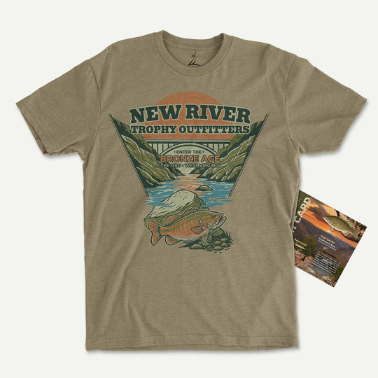 Olive t-shirt with a smallmouth bass below the New River Gorge Bridge: New River Trophy Outfitters, Enter the Bronze Age, with its Catch Card