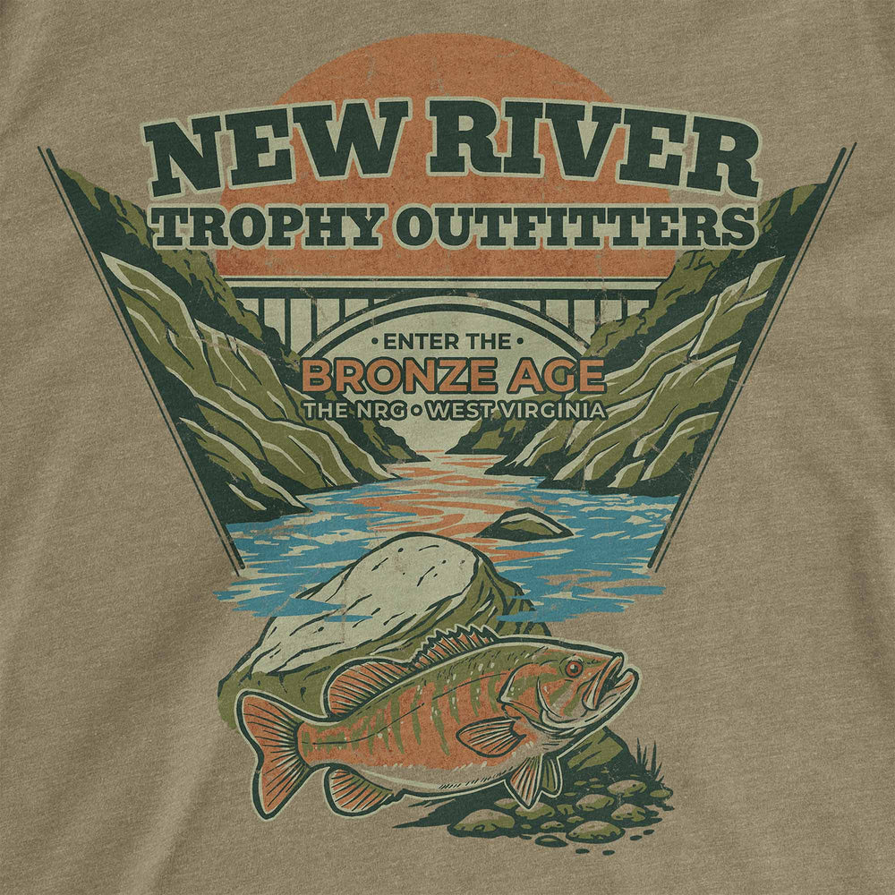 Olive t-shirt with a smallmouth bass below the New River Gorge Bridge: New River Trophy Outfitters, Enter the Bronze Age