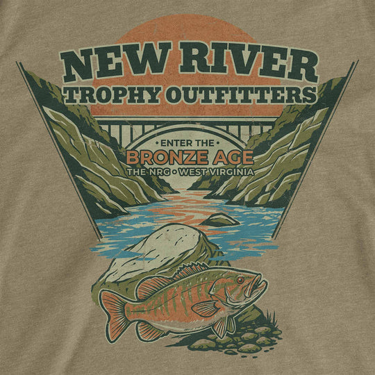 Olive t-shirt with a smallmouth bass below the New River Gorge Bridge: New River Trophy Outfitters, Enter the Bronze Age
