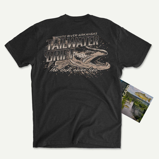 Heather Black t-shirt with a brown trout bursting through Tailwater Drift lettering: White River, Arkansas, with its Catch Card