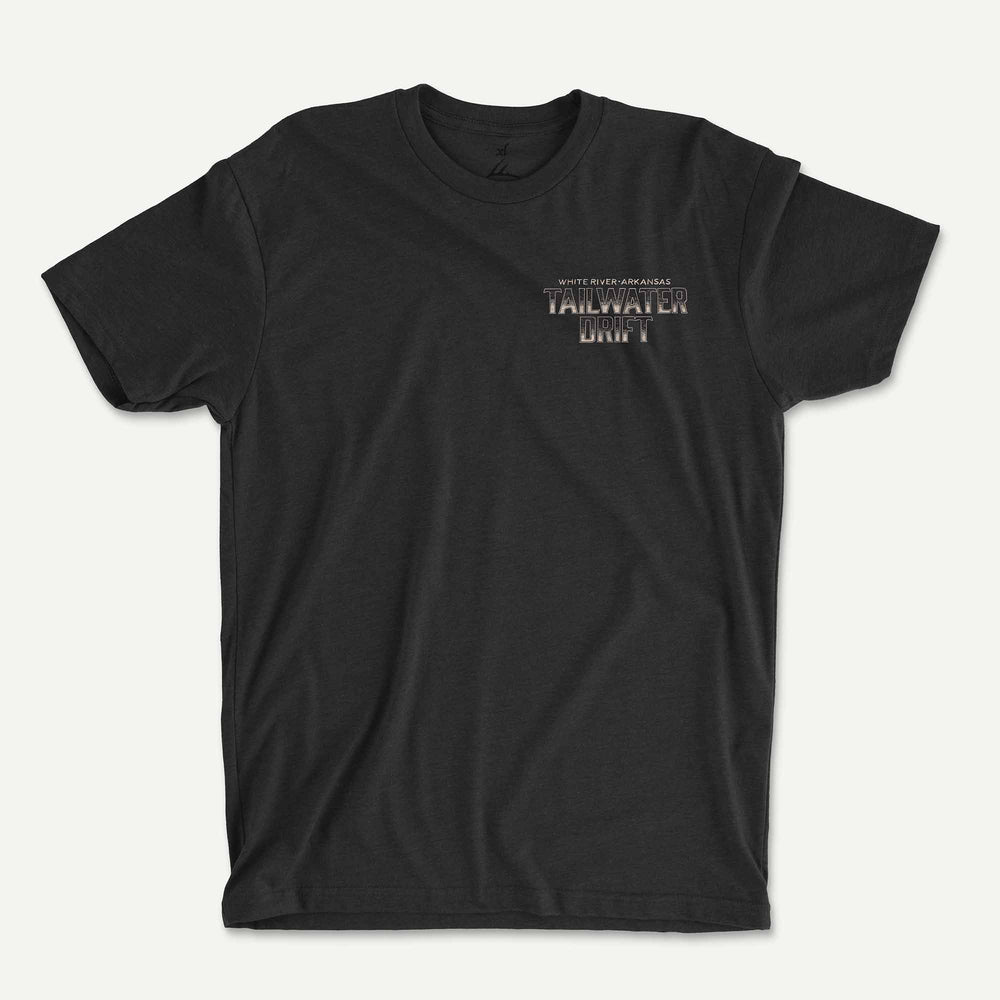 Heather Black t-shirt front with a small Tailwater Drift logo on the left chest