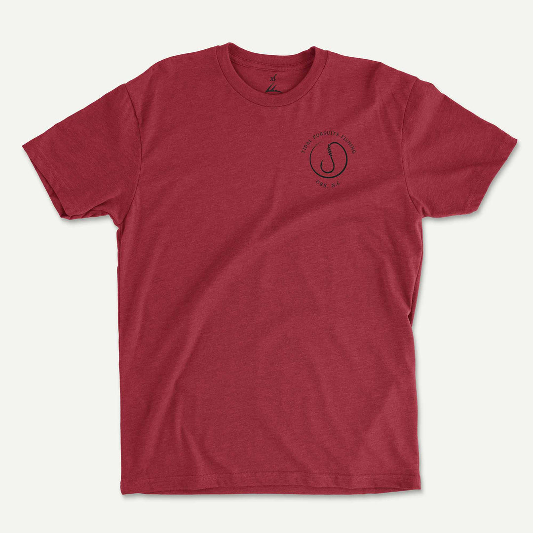 Cardinal t-shirt front with a small Tidal Pursuits Fishing logo on the left chest