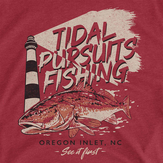Cardinal t-shirt with a red drum below a striped lighthouse: Tidal Pursuits Fishing, Oregon Inlet, NC, See It First