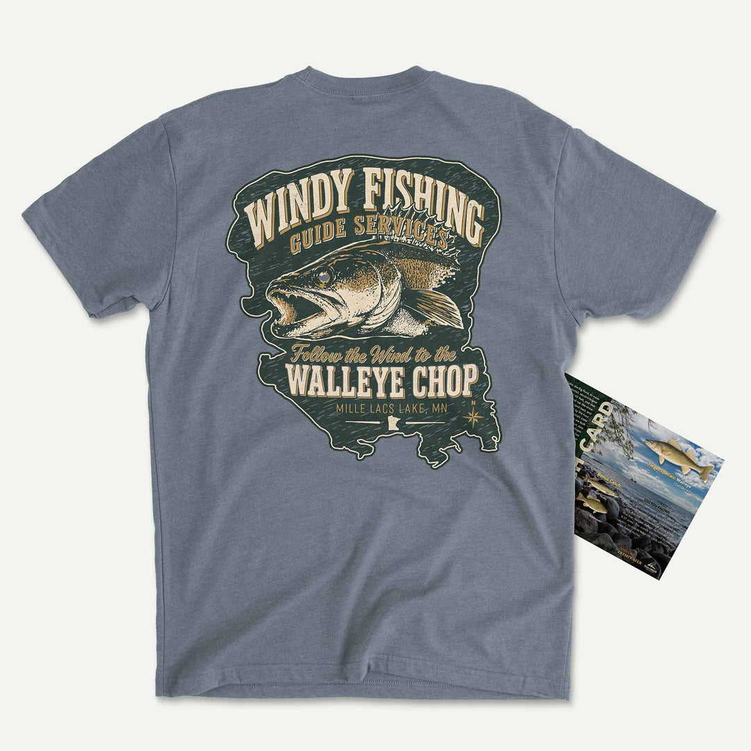 Indigo t-shirt with a walleye over a map of Mille Lacs Lake: Windy Fishing Guide Services, The Walleye Chop, with its Catch Card