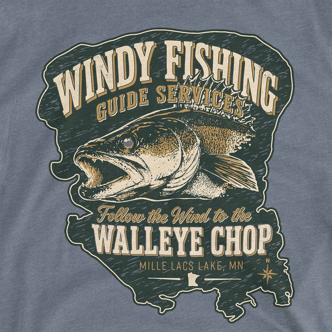 Indigo t-shirt with a walleye over a map of Mille Lacs Lake: Windy Fishing Guide Services, The Walleye Chop