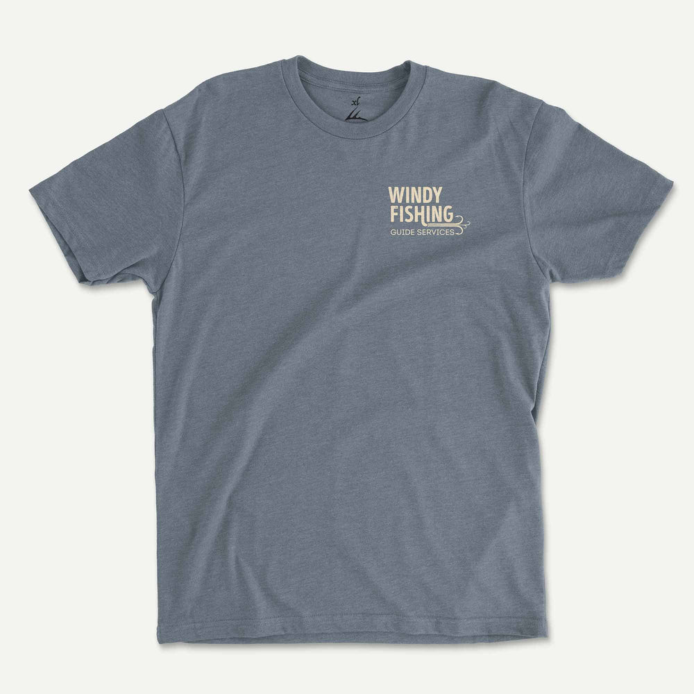 Indigo t-shirt front with a small Windy Fishing Guide Services logo on the left chest