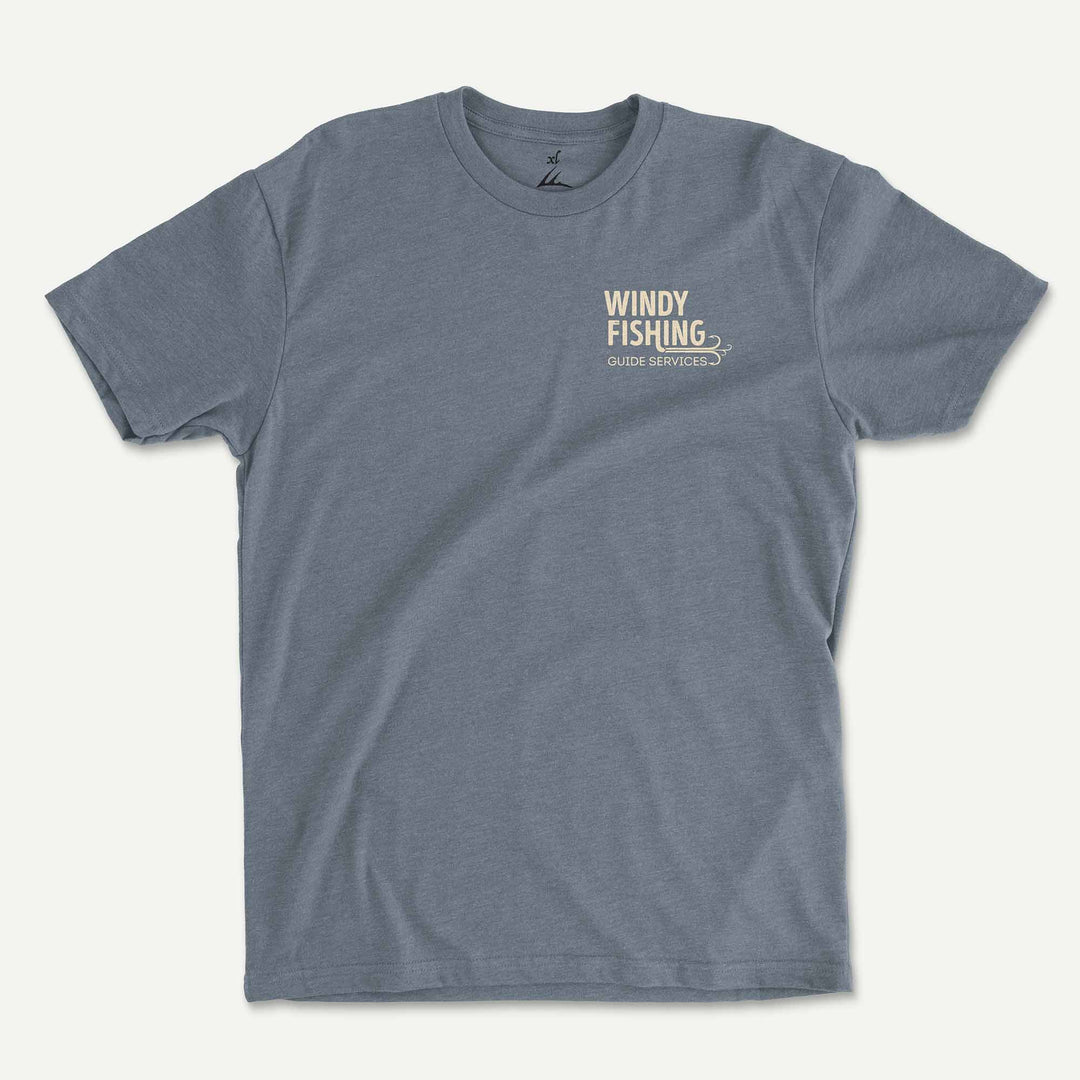 Indigo t-shirt front with a small Windy Fishing Guide Services logo on the left chest