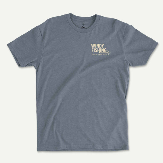 Indigo t-shirt front with a small Windy Fishing Guide Services logo on the left chest